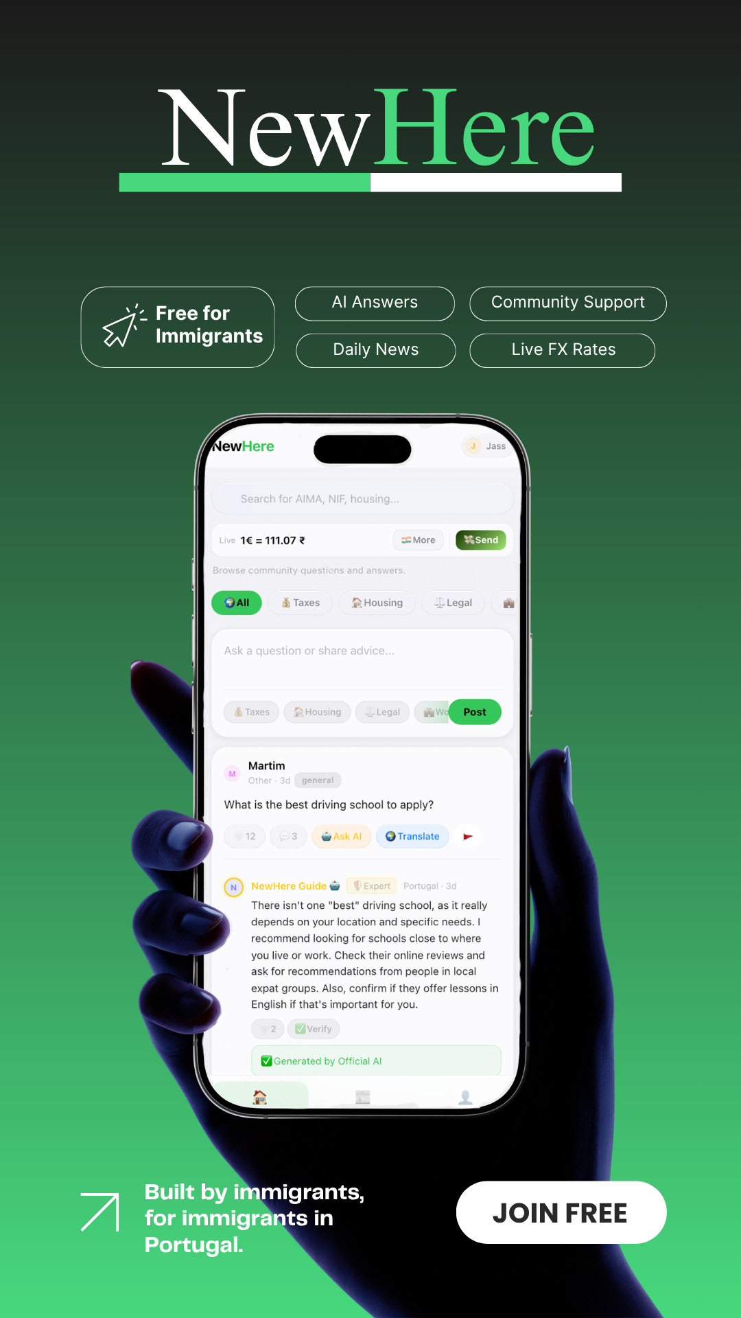 NewHere app showing community feed with Q&A and AI answers